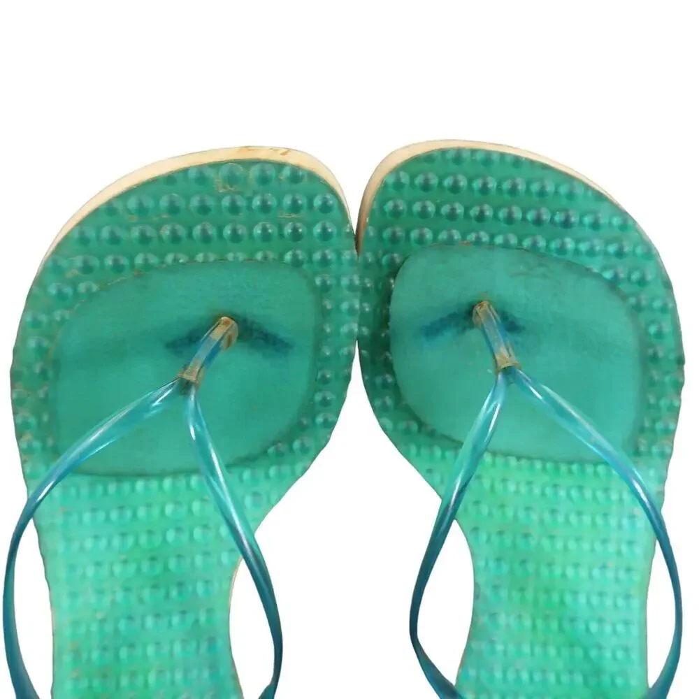 On Your Feet Womens 6.5 Sandals Retro 90's Y2k Block Heel Flip Flop Massage Blue
